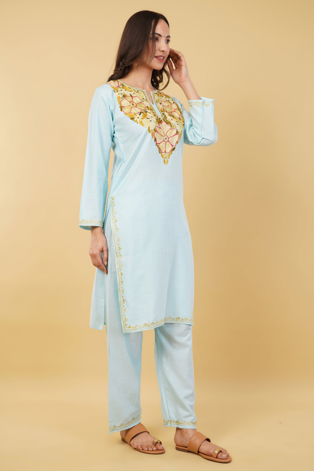 Kashmiri Aari embroidery Cotton Co-ord set Size-36 (Sky Blue)
