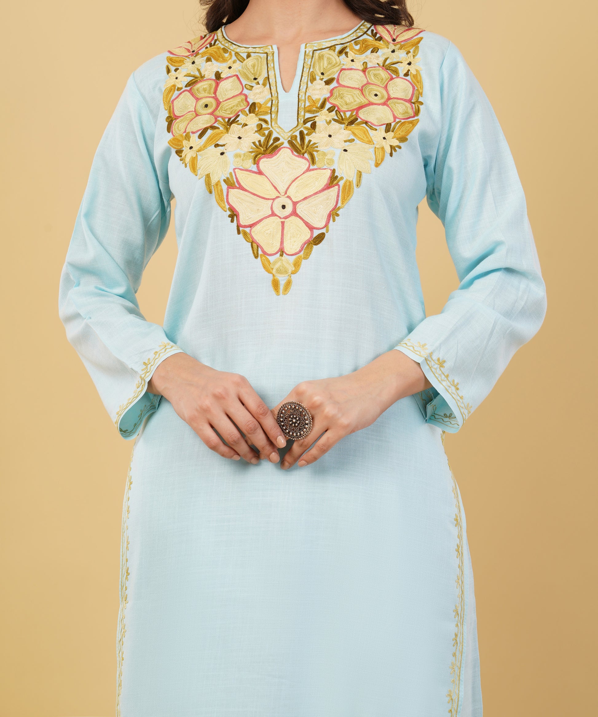 Kashmiri Aari embroidery Cotton Co-ord set Size-36 (Sky Blue)