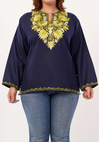 Kashmiri Aari embroidery Cotton Short Kurti Size-46 (Navy Blue)