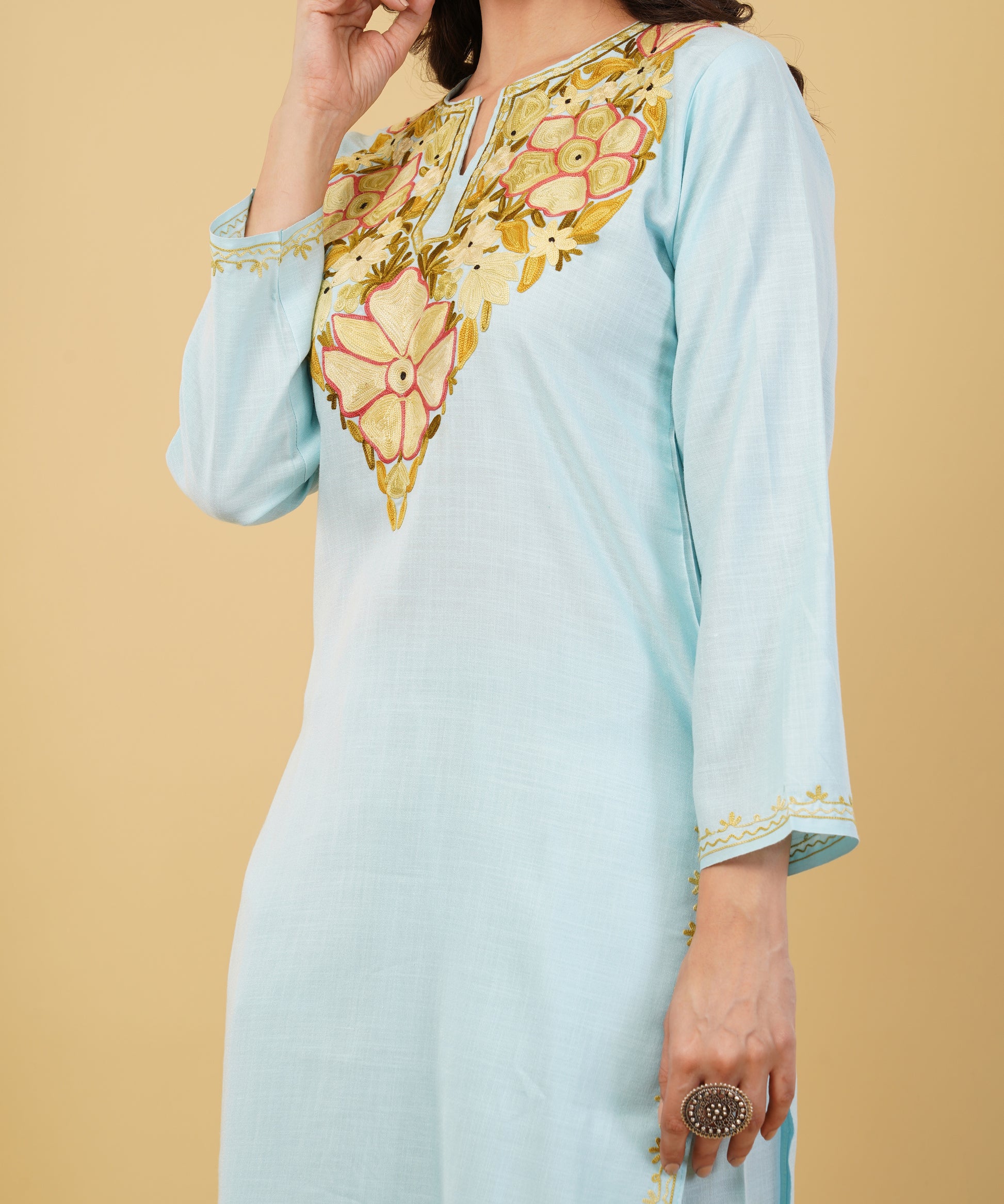 Kashmiri Aari embroidery Cotton Co-ord set Size-36 (Sky Blue)