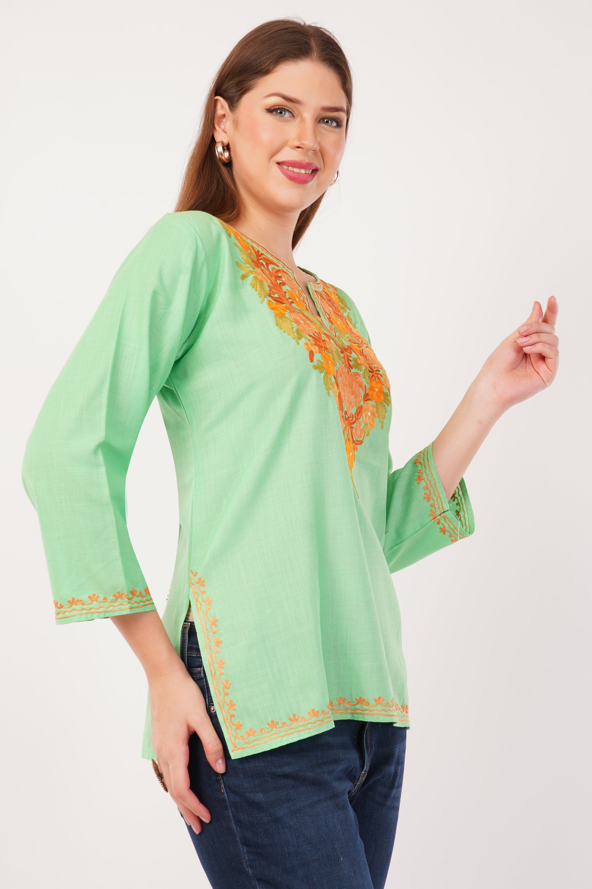 Kashmiri Aari embroidery Cotton Short Kurti Size-42(Green)