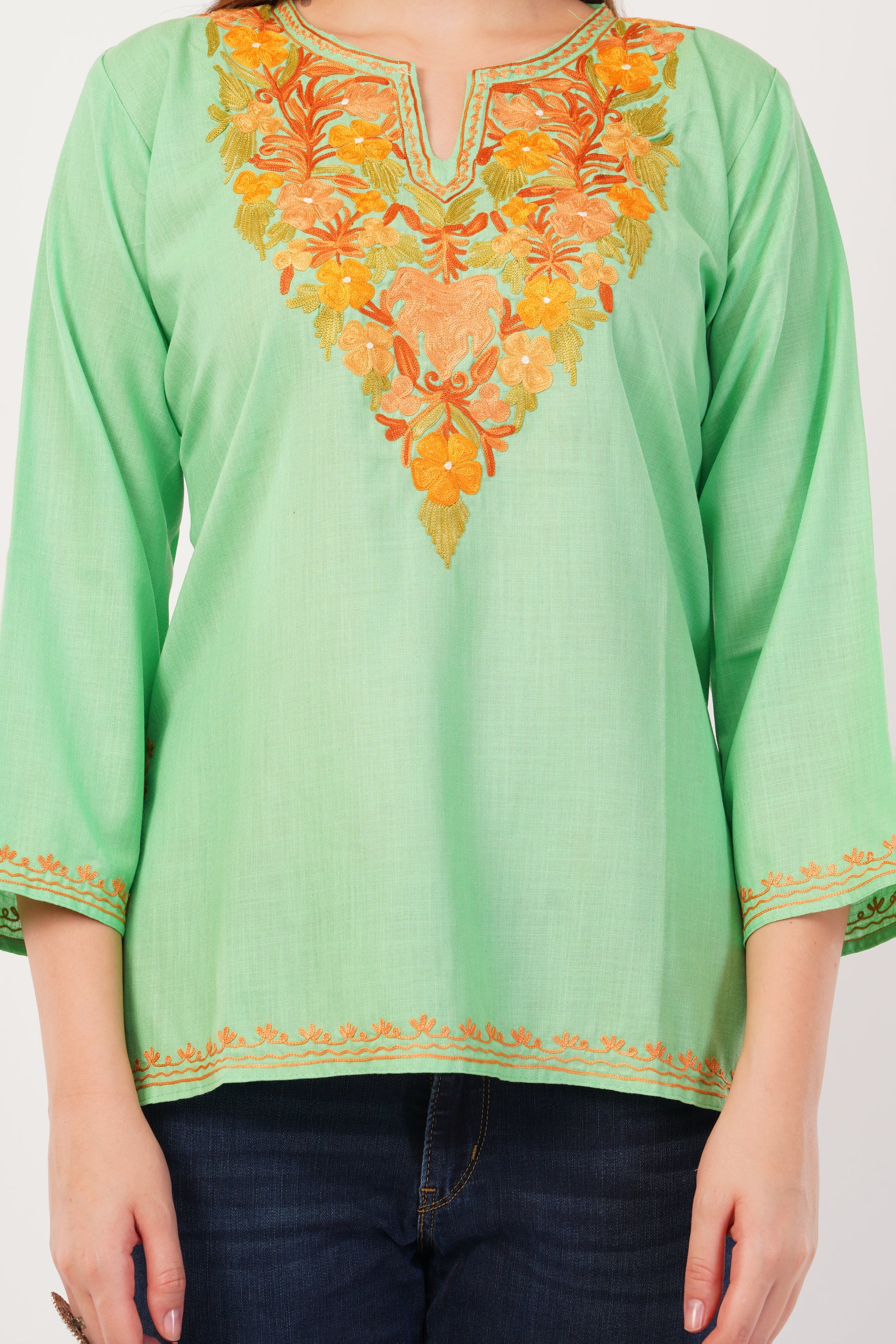 Kashmiri Aari embroidery Cotton Short Kurti Size-42(Green)