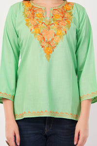 Kashmiri Aari embroidery Cotton Short Kurti Size-42(Green)