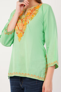 Kashmiri Aari embroidery Cotton Short Kurti Size-42(Green)