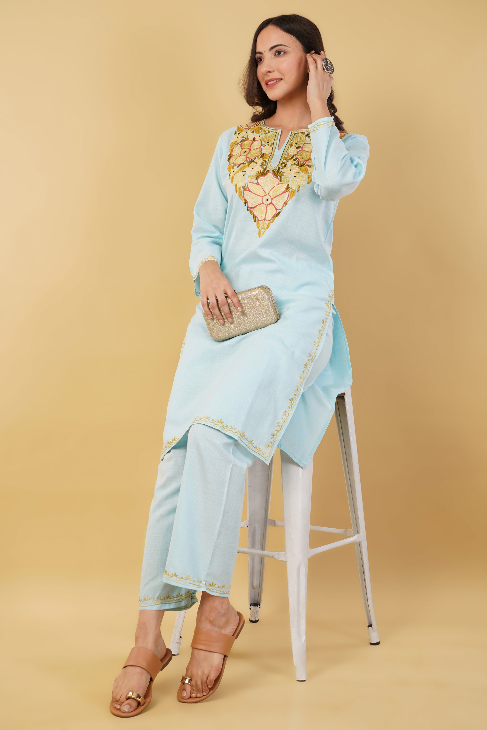 Kashmiri Aari embroidery Cotton Co-ord set Size-36 (Sky Blue)