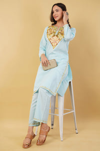 Kashmiri Aari embroidery Cotton Co-ord set Size-36 (Sky Blue)