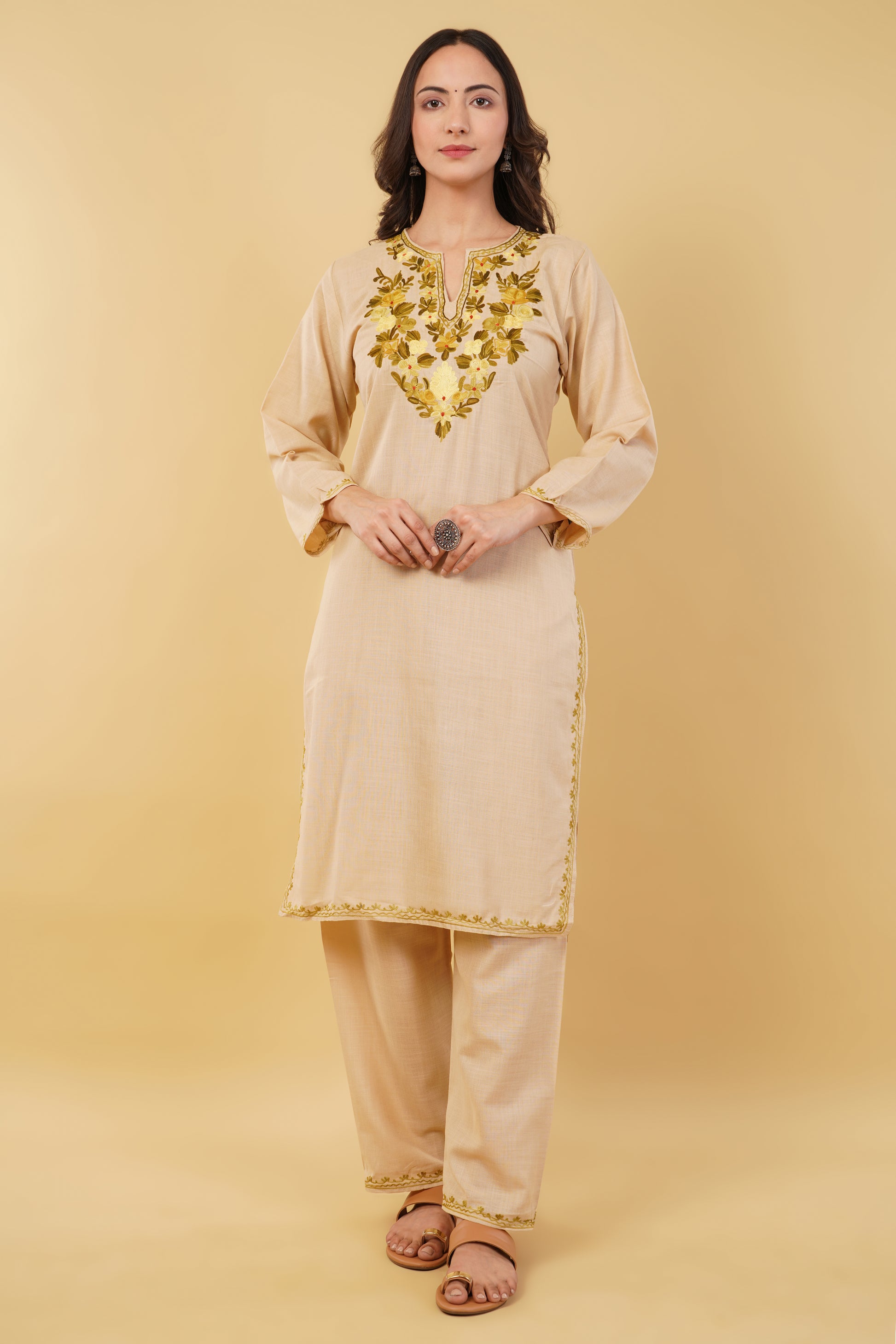 Kashmiri Aari embroidery Cotton Co-ord set Size-36 (Beige)