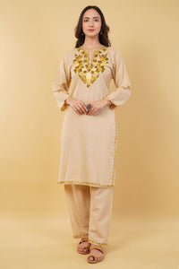 Kashmiri Aari embroidery Cotton Co-ord set Size-36 (Beige)