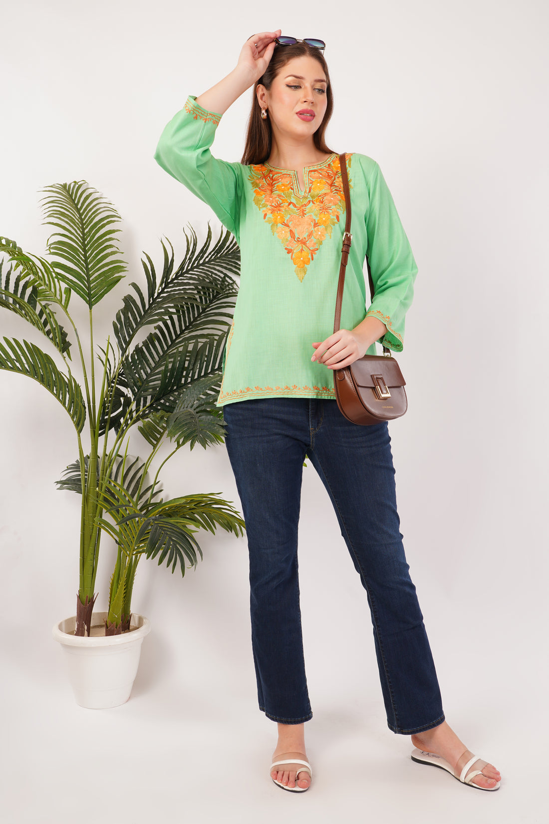 Kashmiri Aari embroidery Cotton Short Kurti Size-42(Green)