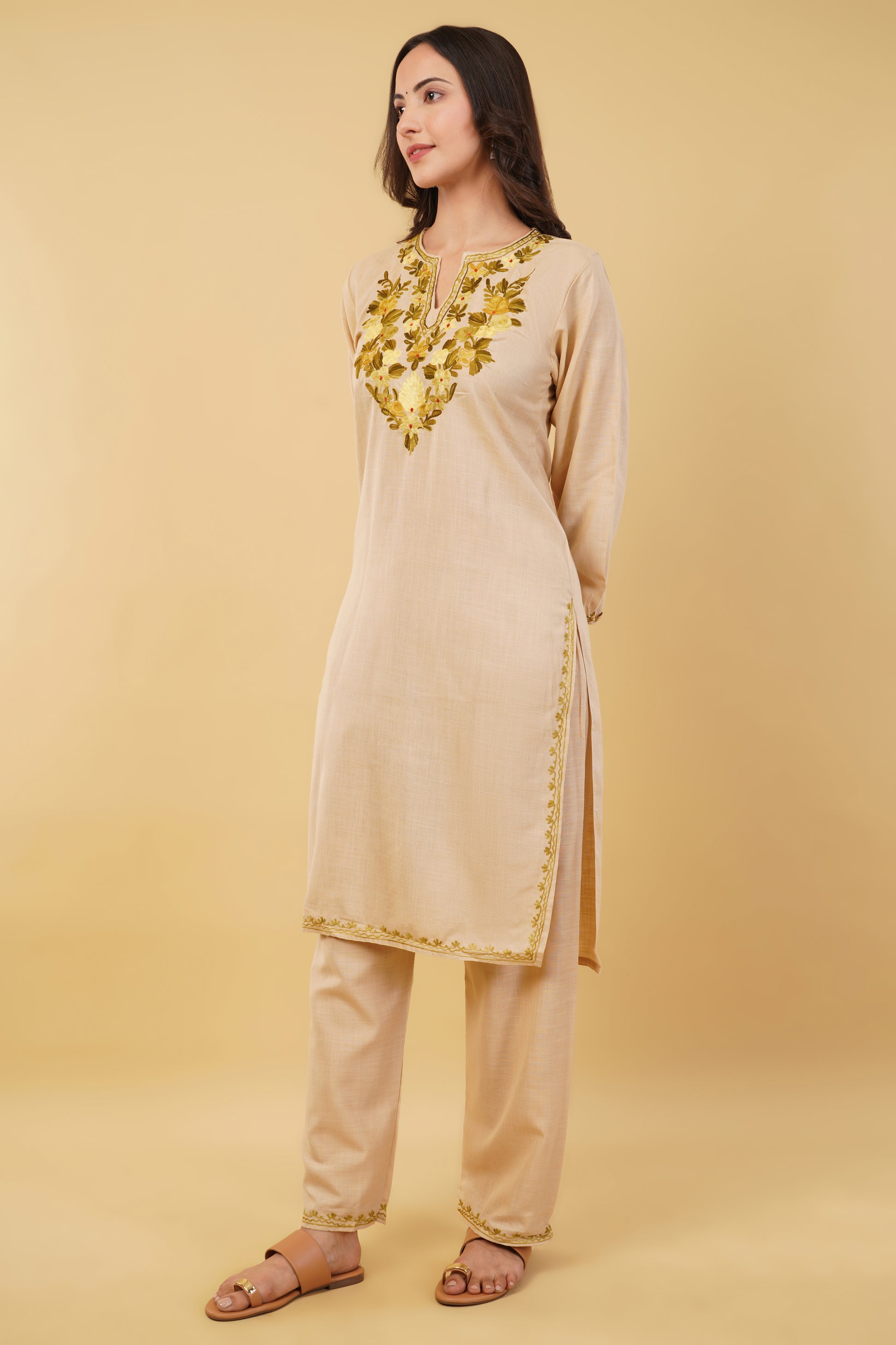 Kashmiri Aari embroidery Cotton Co-ord set Size-36 (Beige)