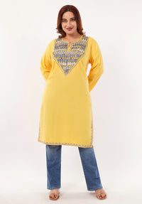 Kashmiri Aari embroidery Cotton Long Kurti Size-46(Yellow)