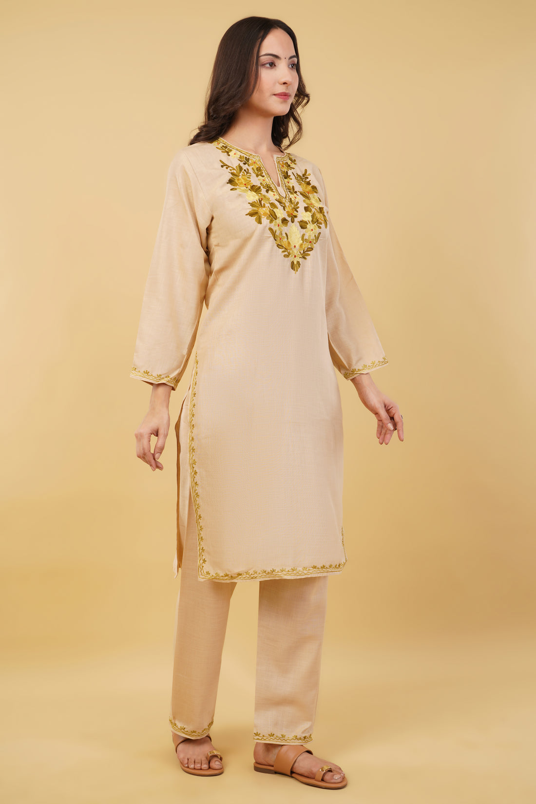 Kashmiri Aari embroidery Cotton Co-ord set Size-36 (Beige)