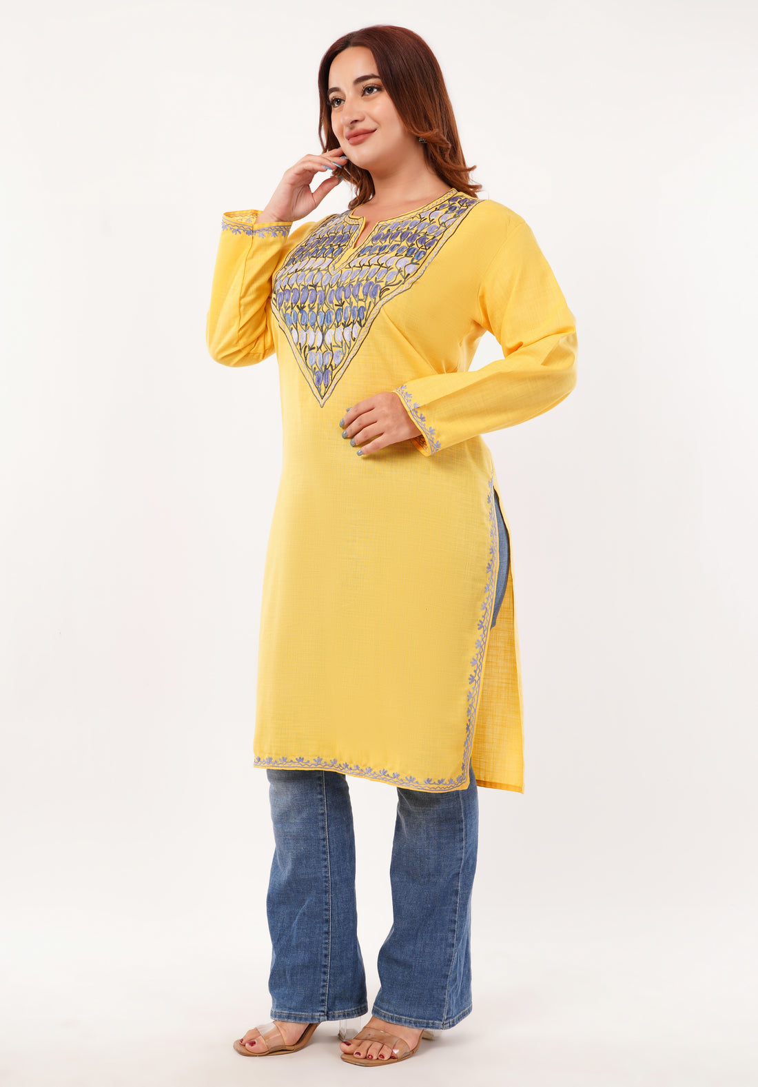 Kashmiri Aari embroidery Cotton Long Kurti Size-46(Yellow)