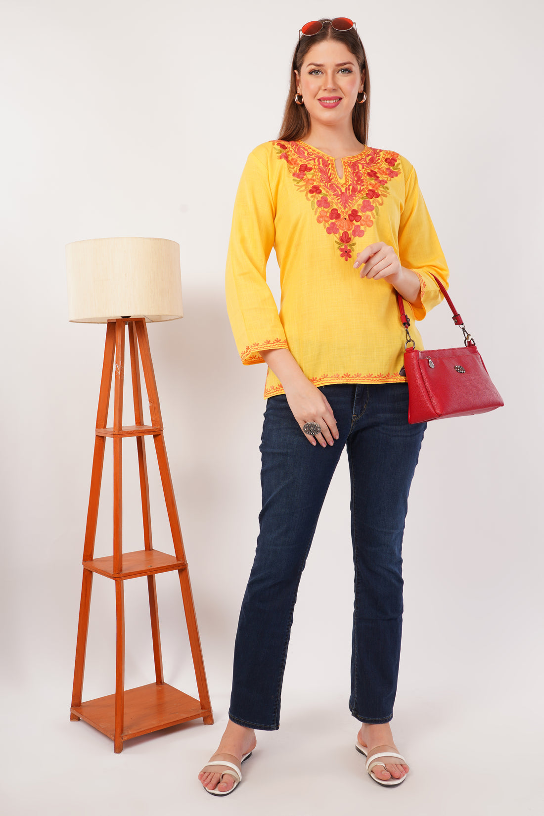 Kashmiri Aari embroidery Cotton Short Kurti Size-42(Yellow)