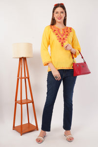 Kashmiri Aari embroidery Cotton Short Kurti Size-42(Yellow)
