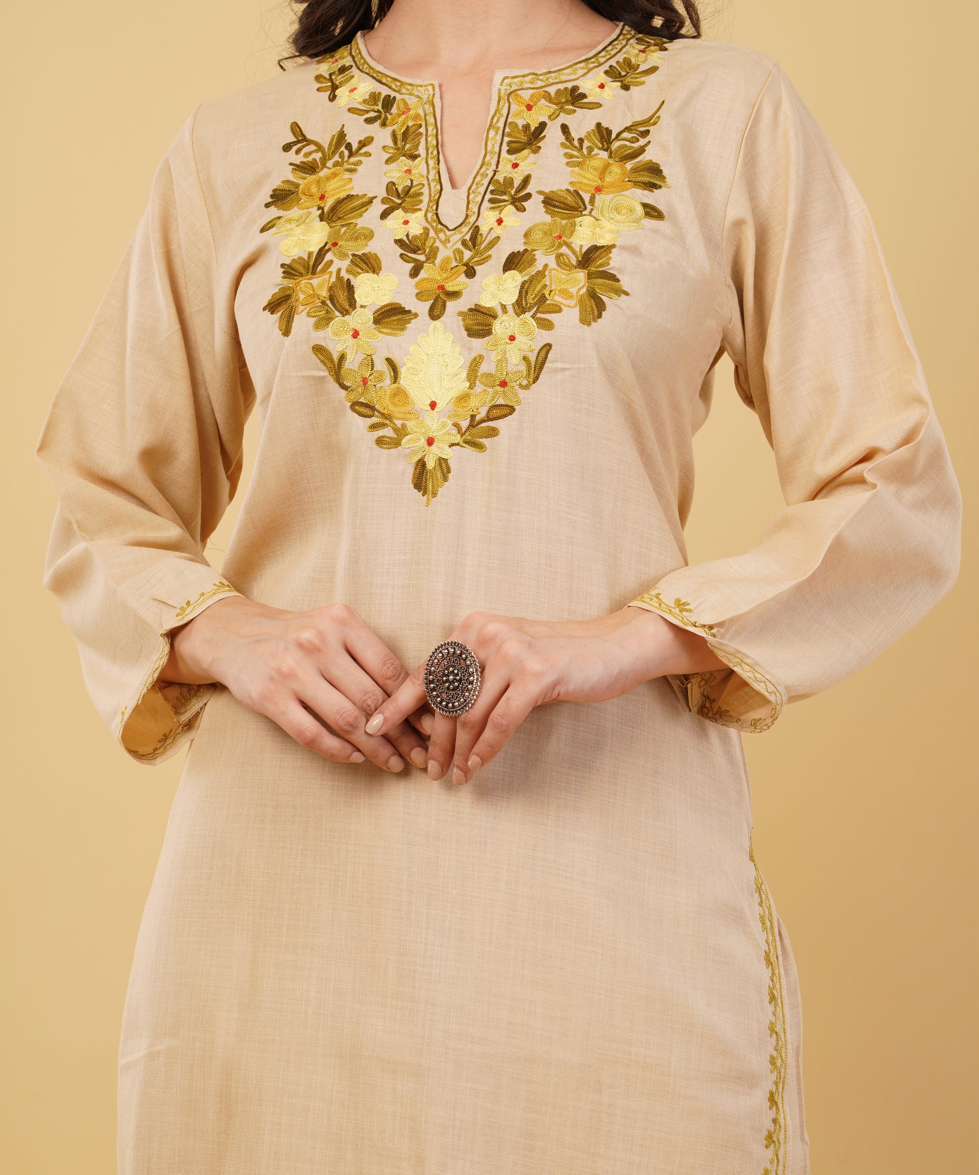 Kashmiri Aari embroidery Cotton Co-ord set Size-36 (Beige)
