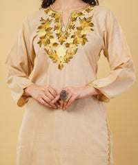 Kashmiri Aari embroidery Cotton Co-ord set Size-36 (Beige)