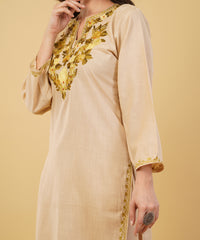 Kashmiri Aari embroidery Cotton Co-ord set Size-36 (Beige)