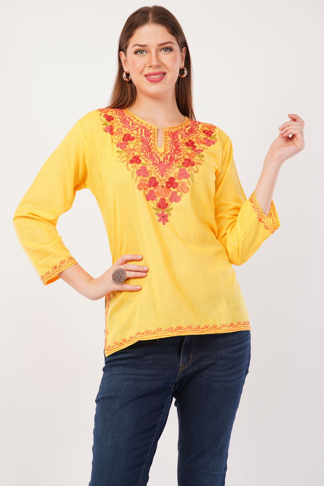 Kashmiri Aari embroidery Cotton Short Kurti Size-42(Yellow)