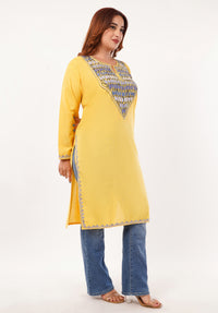 Kashmiri Aari embroidery Cotton Long Kurti Size-46(Yellow)