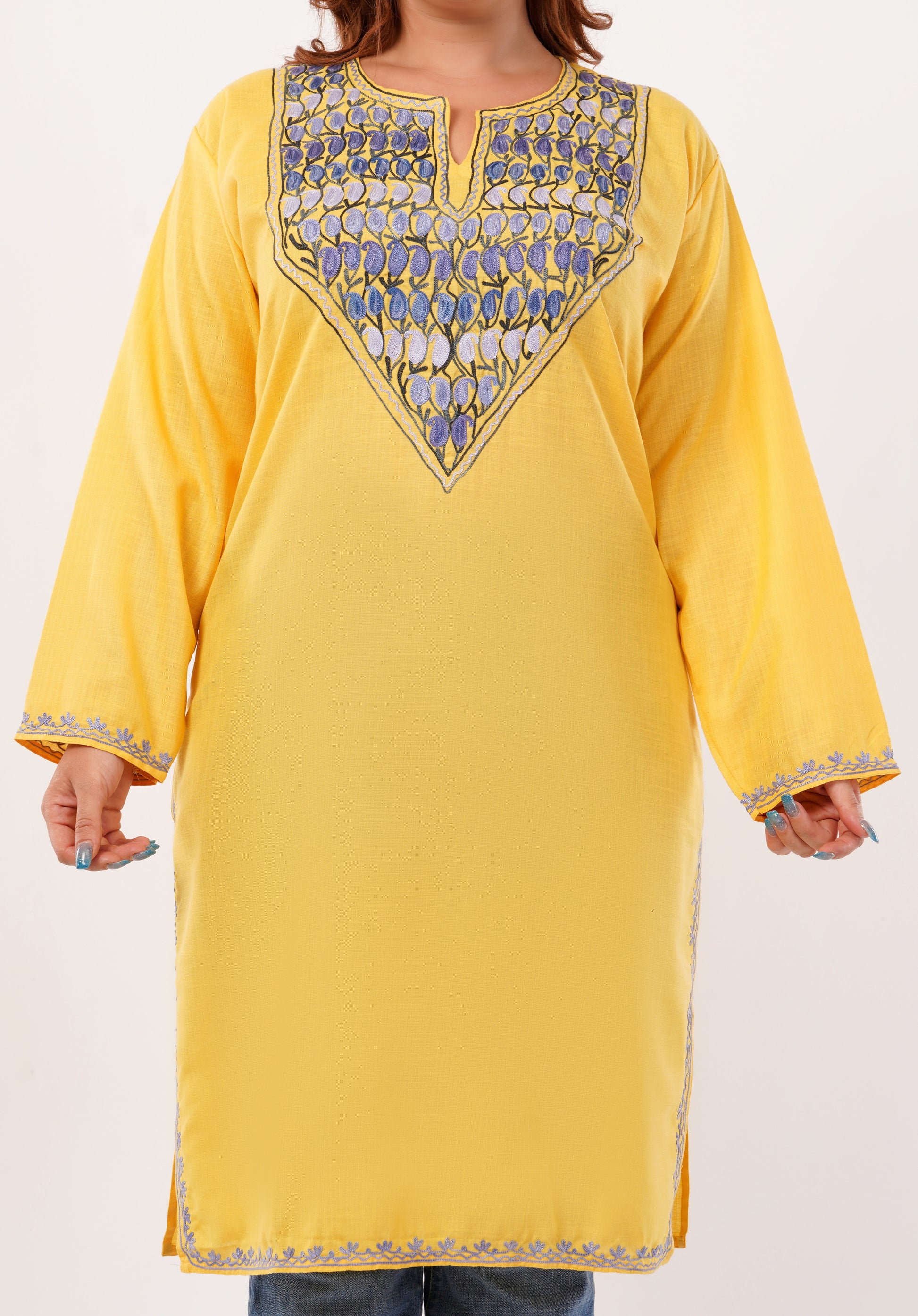 Kashmiri Aari embroidery Cotton Long Kurti Size-46(Yellow)