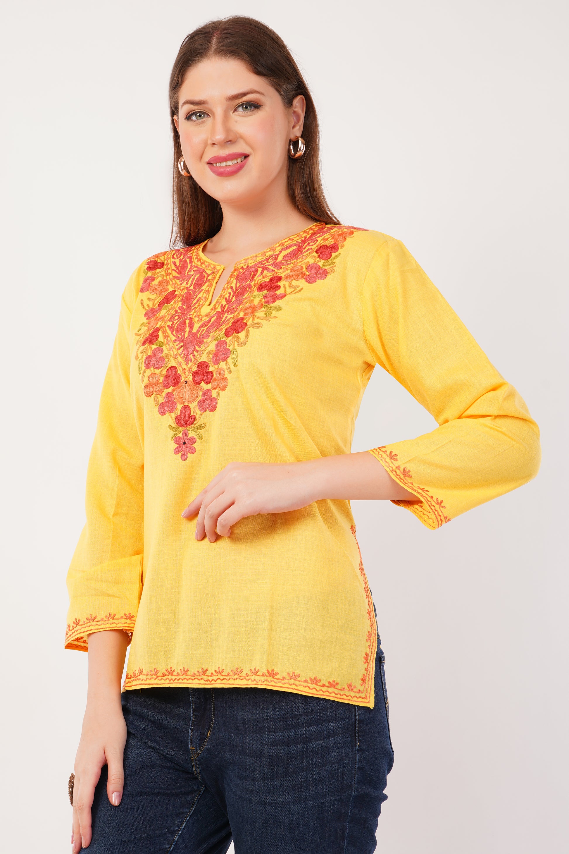 Kashmiri Aari embroidery Cotton Short Kurti Size-42(Yellow)