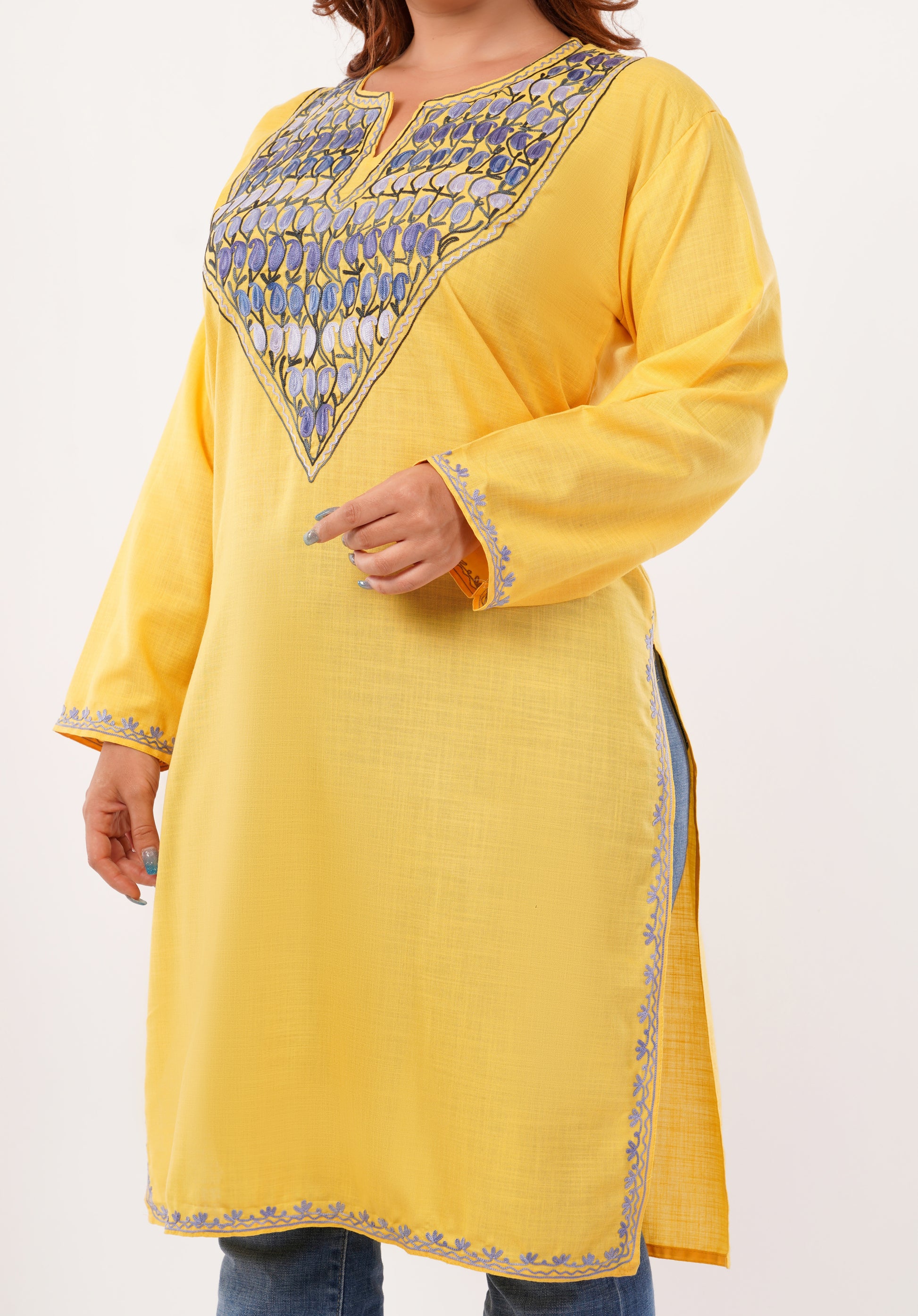 Kashmiri Aari embroidery Cotton Long Kurti Size-46(Yellow)