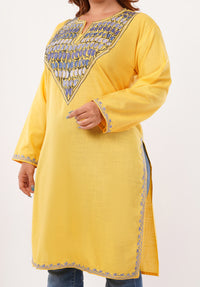 Kashmiri Aari embroidery Cotton Long Kurti Size-46(Yellow)
