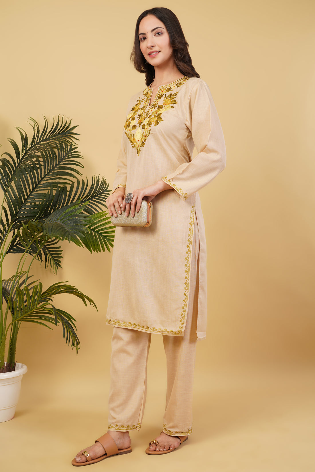 Kashmiri Aari embroidery Cotton Co-ord set Size-36 (Beige)