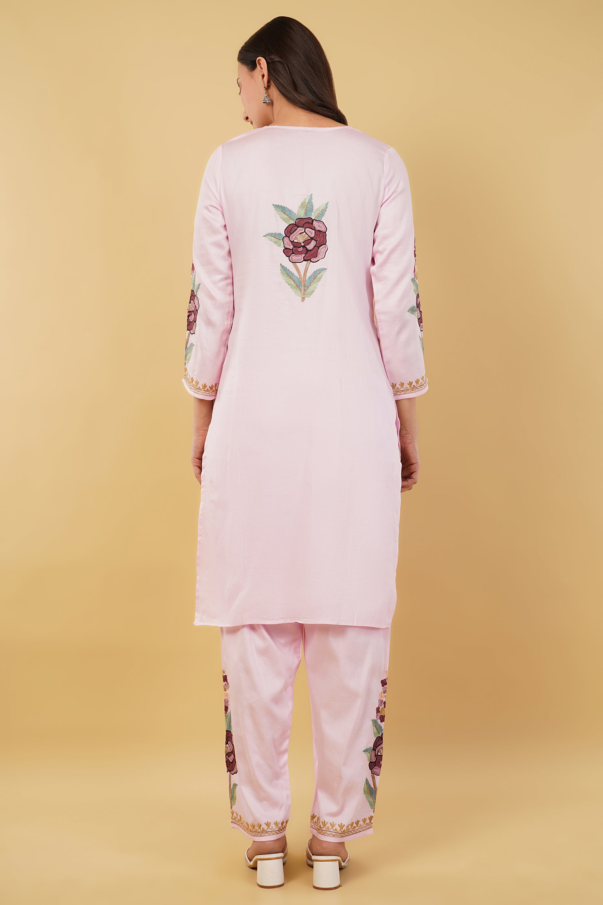 Kashmiri Aari embroidery Jaam Cotton Co-ord set Size-38 (Pink)