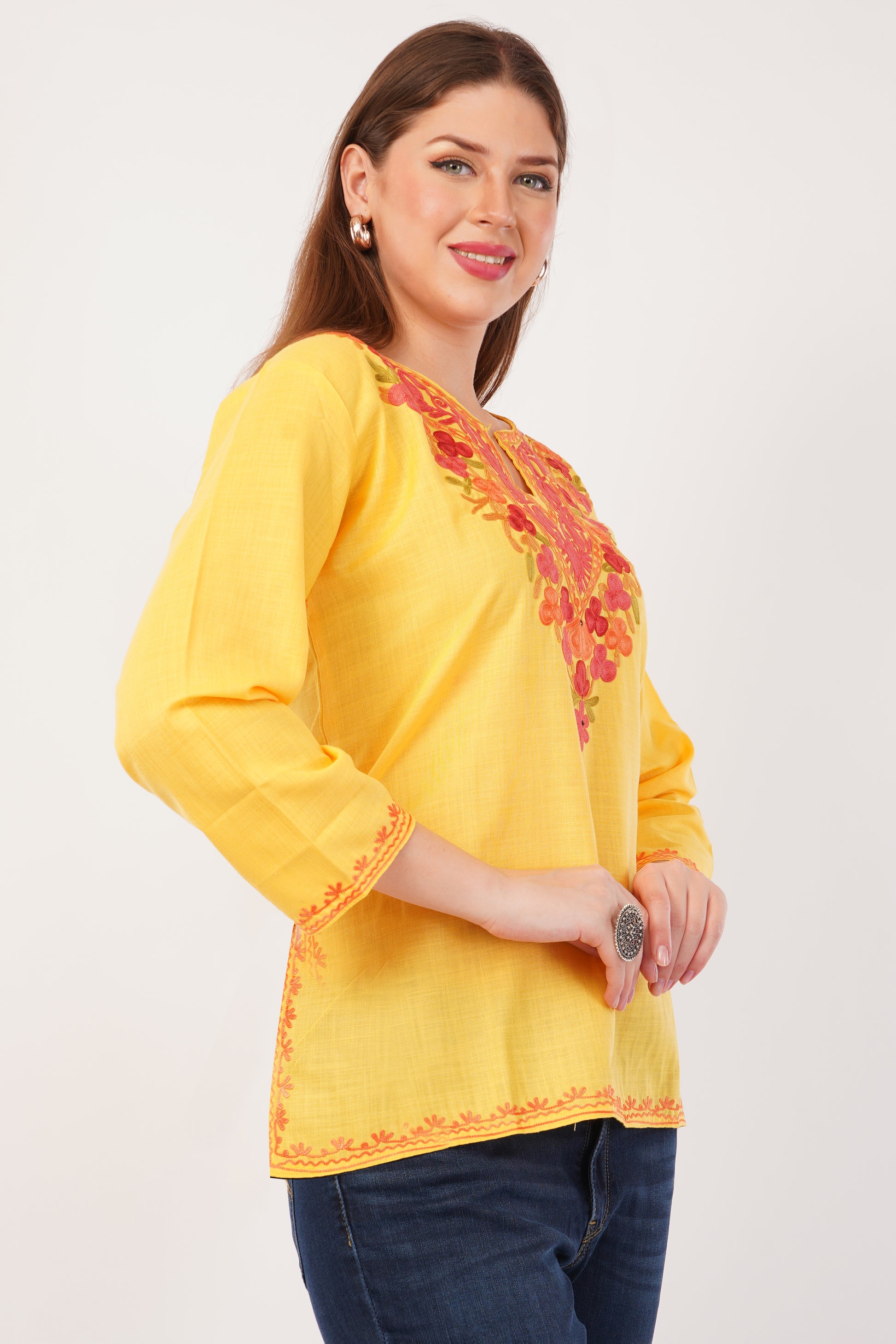 Kashmiri Aari embroidery Cotton Short Kurti Size-42(Yellow)