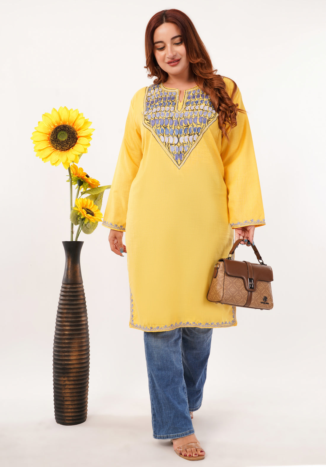 Kashmiri Aari embroidery Cotton Long Kurti Size-46(Yellow)