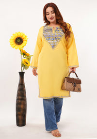 Kashmiri Aari embroidery Cotton Long Kurti Size-46(Yellow)