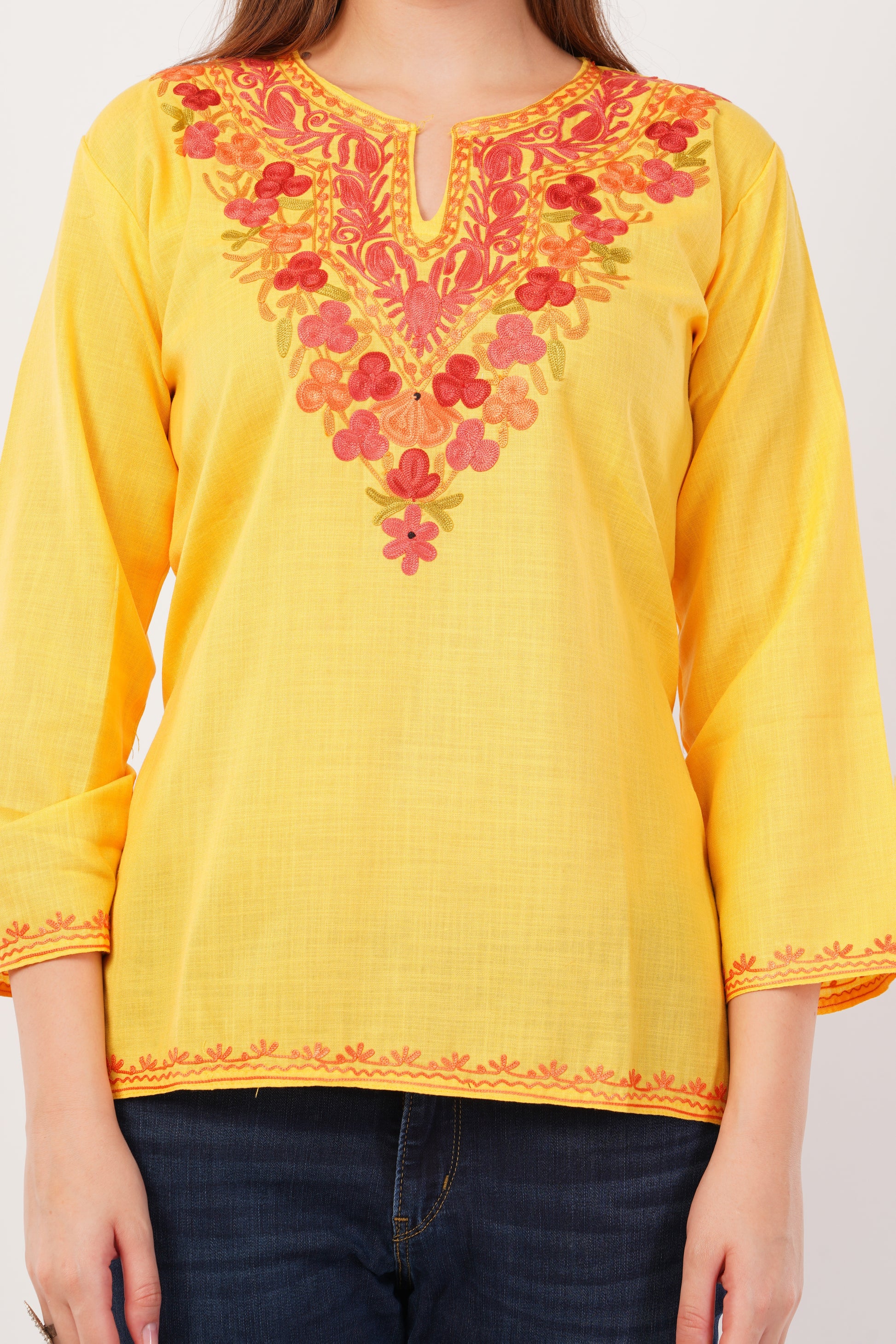 Kashmiri Aari embroidery Cotton Short Kurti Size-42(Yellow)