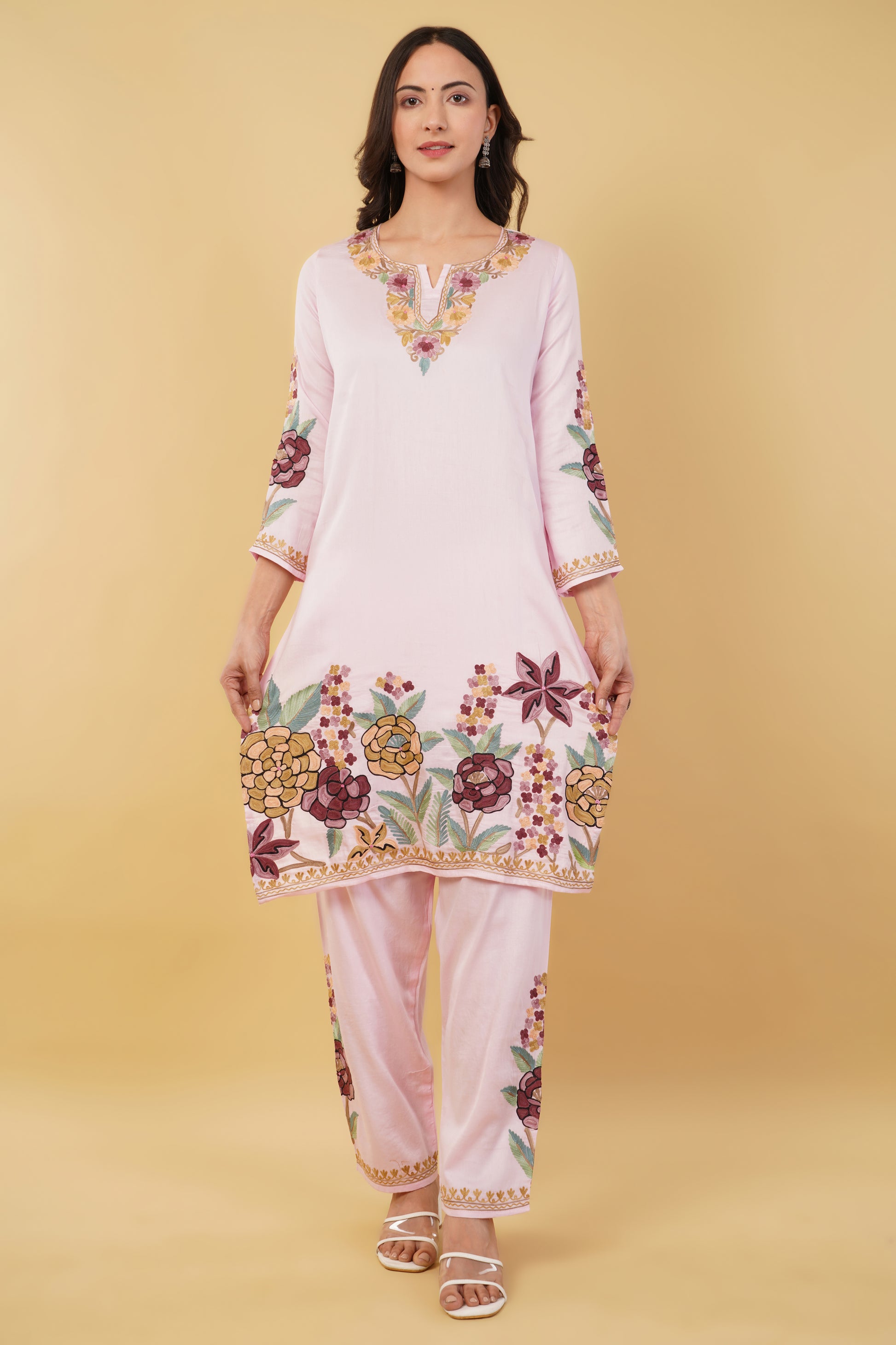 Kashmiri Aari embroidery Jaam Cotton Co-ord set Size-38 (Pink)