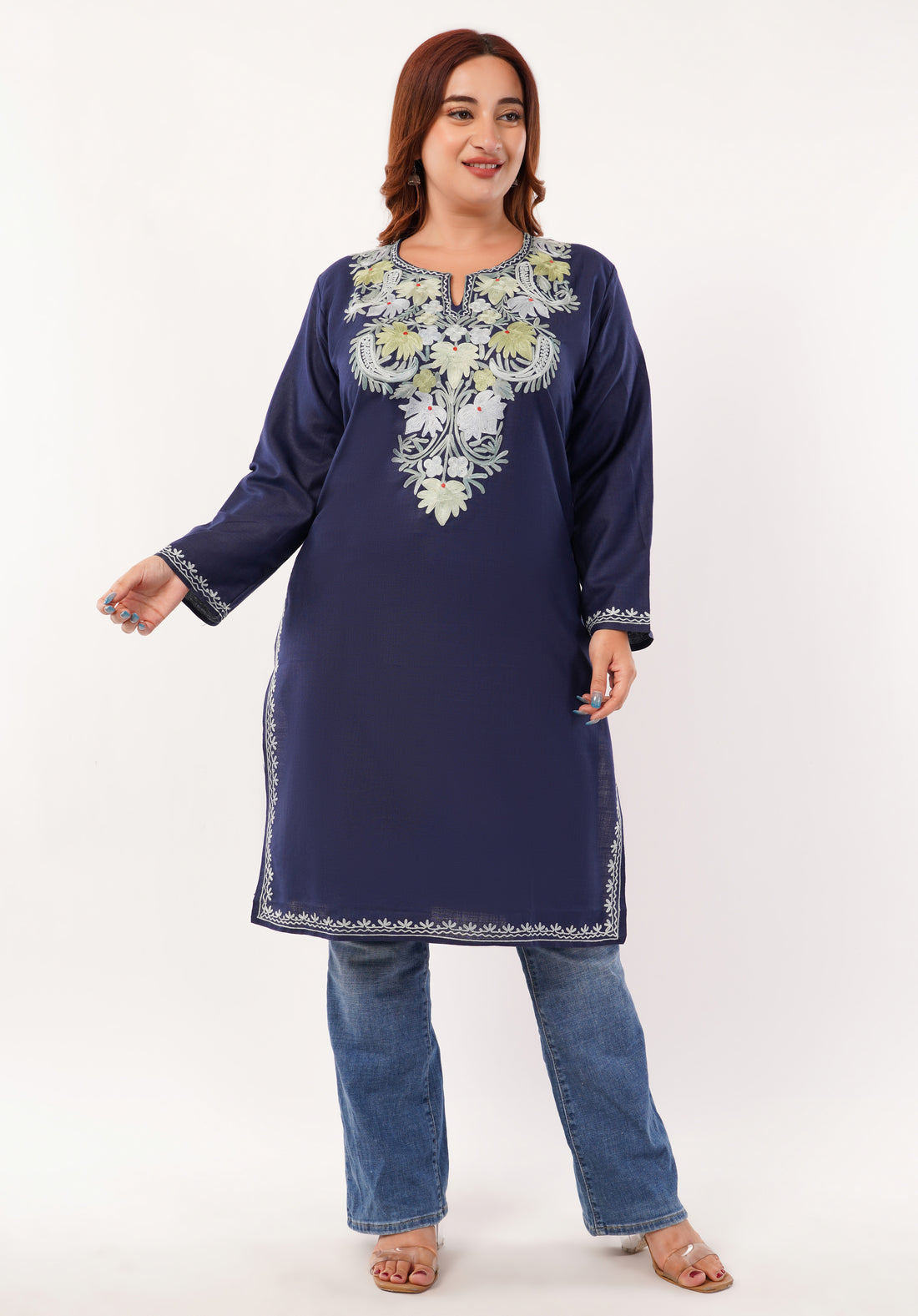 Kashmiri Aari embroidery Cotton Long Kurti Size-46(Navy Blue)