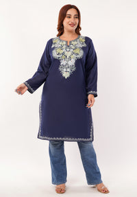 Kashmiri Aari embroidery Cotton Long Kurti Size-46(Navy Blue)