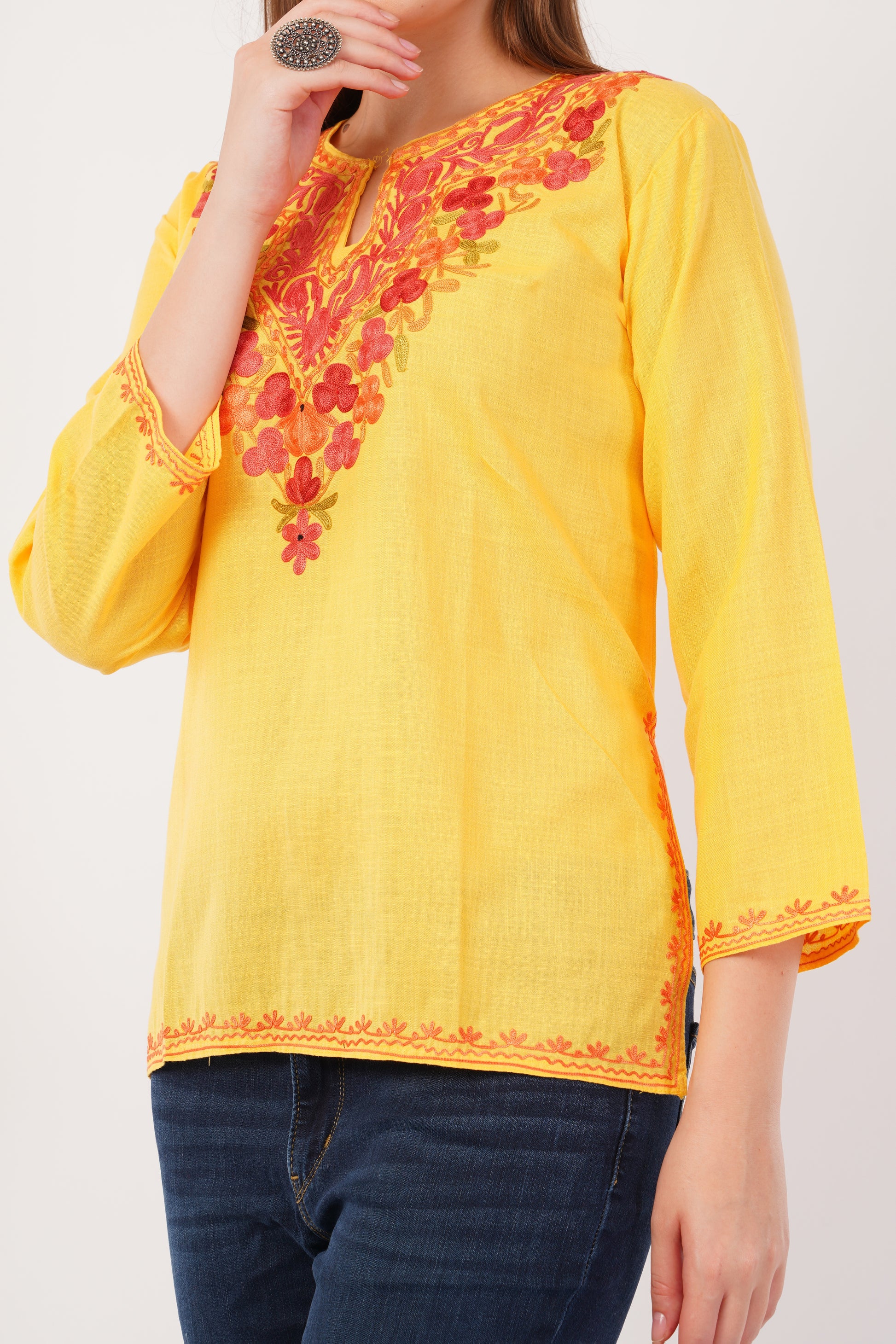 Kashmiri Aari embroidery Cotton Short Kurti Size-42(Yellow)