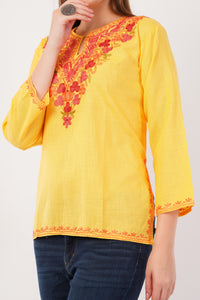 Kashmiri Aari embroidery Cotton Short Kurti Size-42(Yellow)