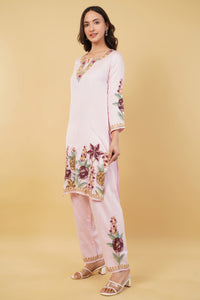 Kashmiri Aari embroidery Jaam Cotton Co-ord set Size-38 (Pink)
