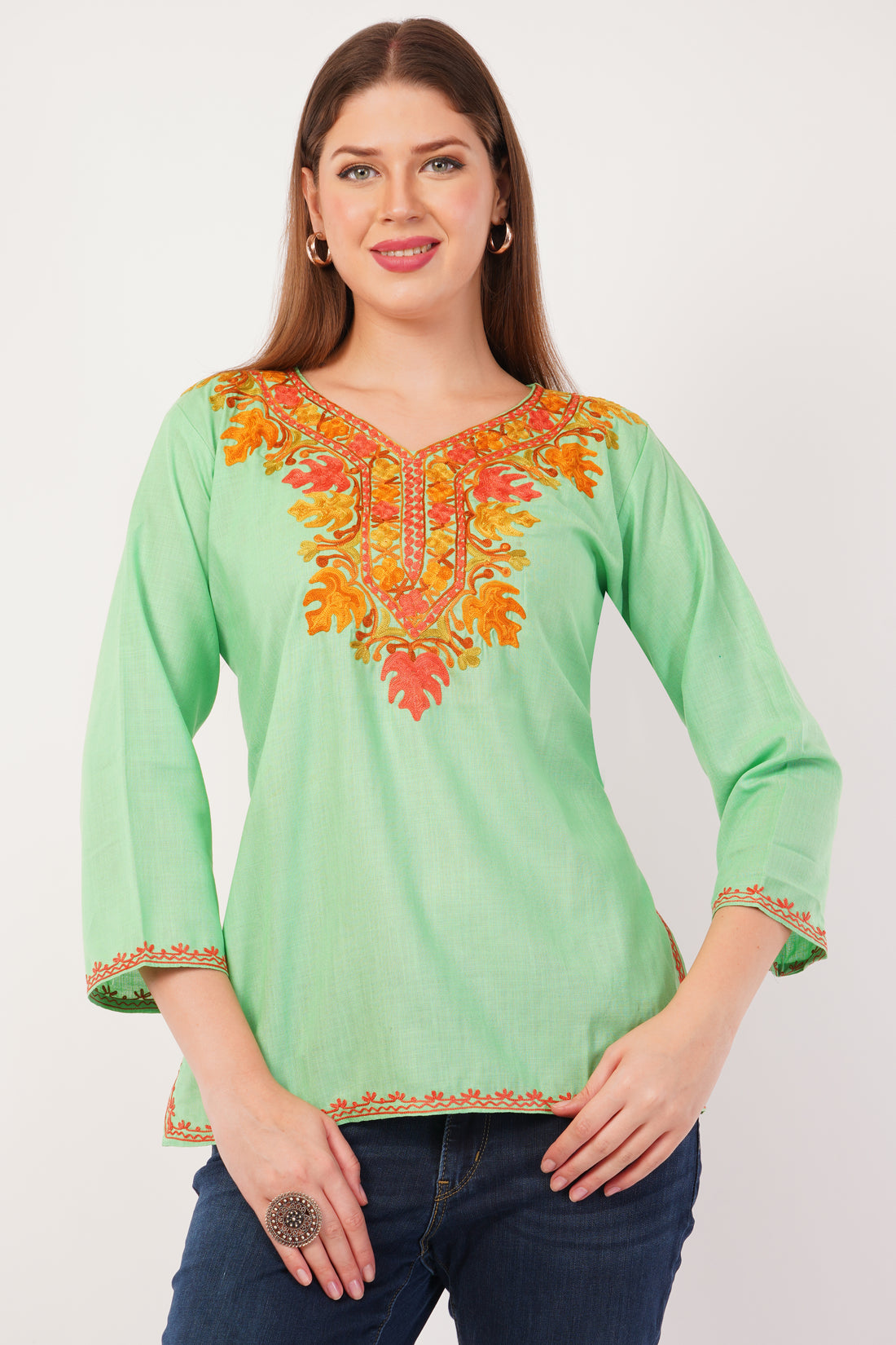 Kashmiri Aari embroidery Cotton Short Kurti Size-42(Green)
