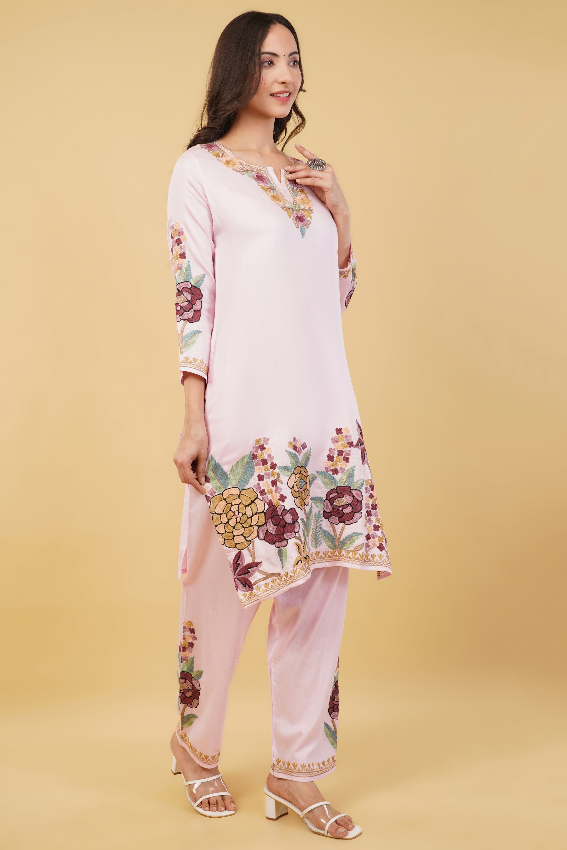 Kashmiri Aari embroidery Jaam Cotton Co-ord set Size-38 (Pink)