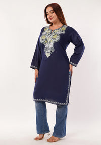 Kashmiri Aari embroidery Cotton Long Kurti Size-46(Navy Blue)