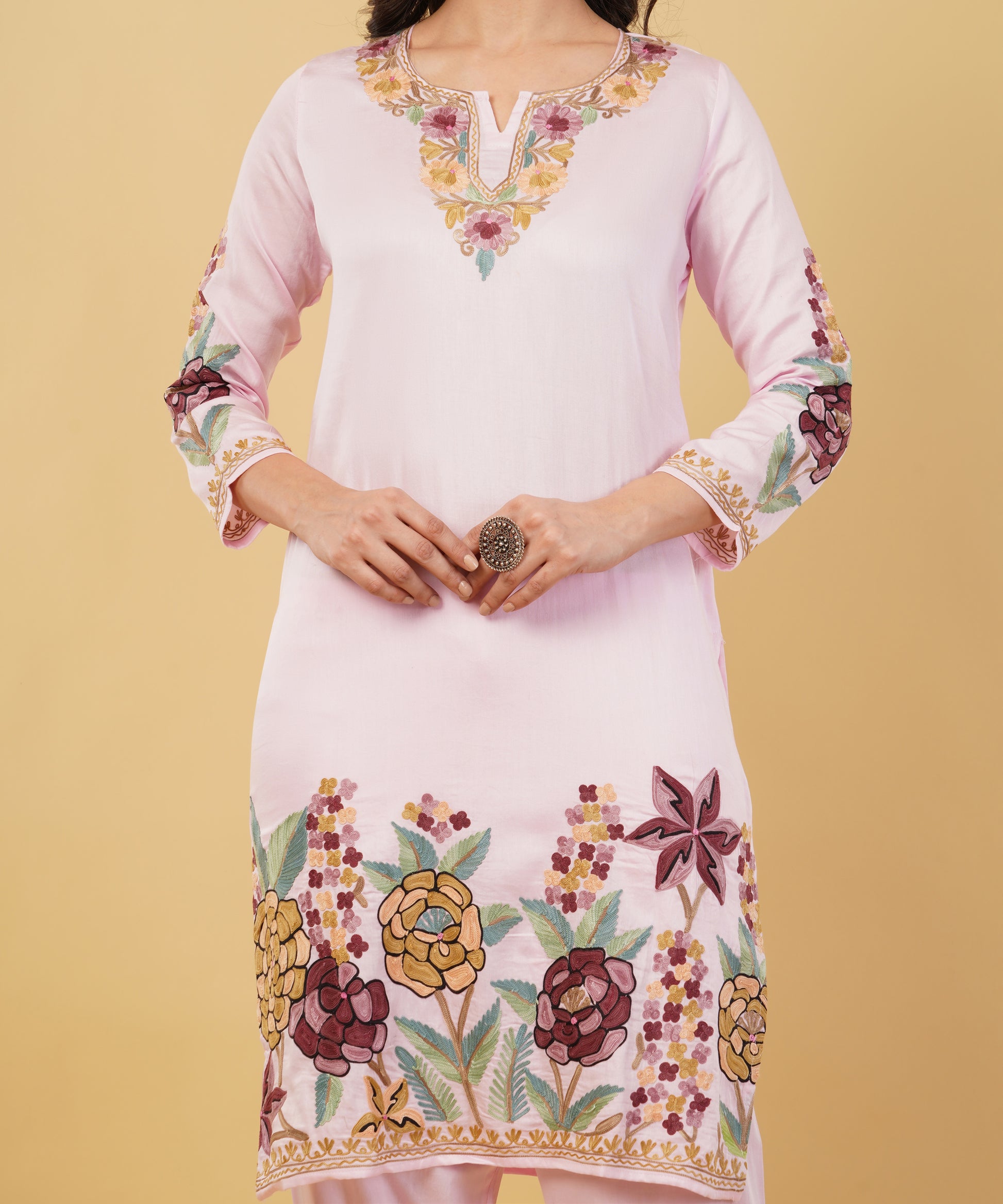 Kashmiri Aari embroidery Jaam Cotton Co-ord set Size-38 (Pink)