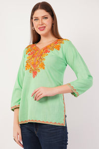 Kashmiri Aari embroidery Cotton Short Kurti Size-42(Green)