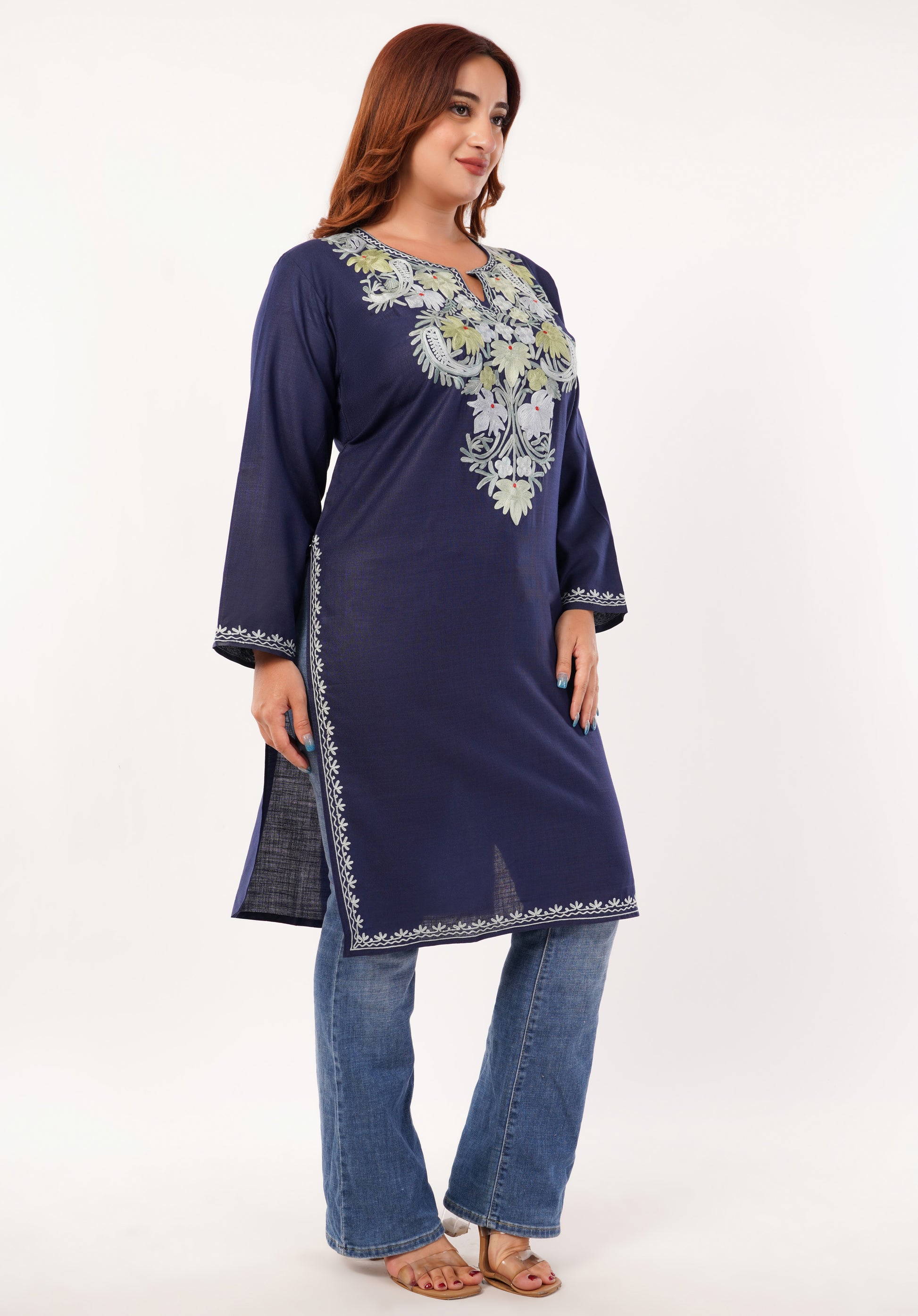 Kashmiri Aari embroidery Cotton Long Kurti Size-46(Navy Blue)