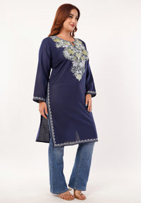 Kashmiri Aari embroidery Cotton Long Kurti Size-46(Navy Blue)