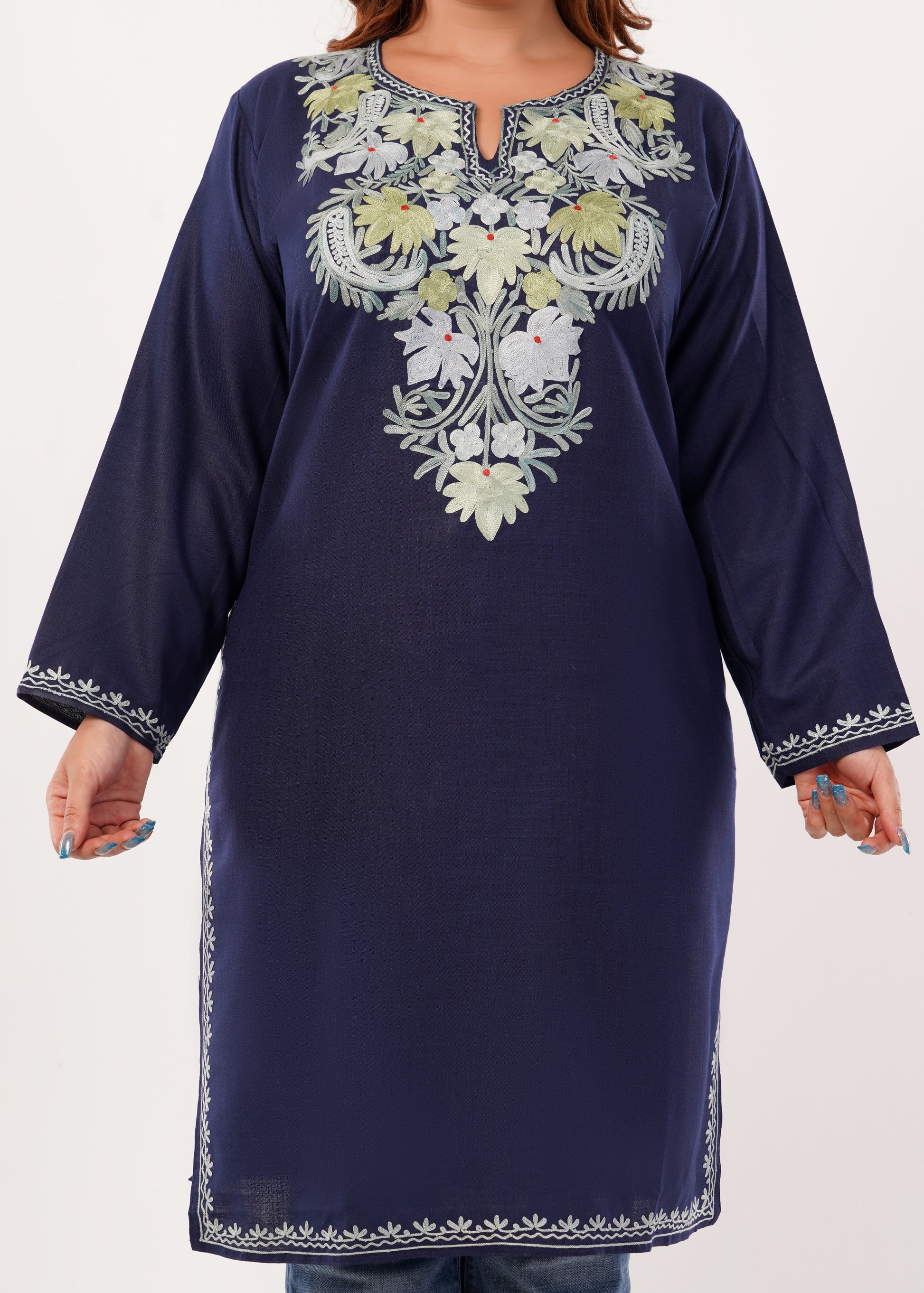Kashmiri Aari embroidery Cotton Long Kurti Size-46(Navy Blue)