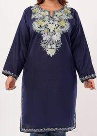 Kashmiri Aari embroidery Cotton Long Kurti Size-46(Navy Blue)