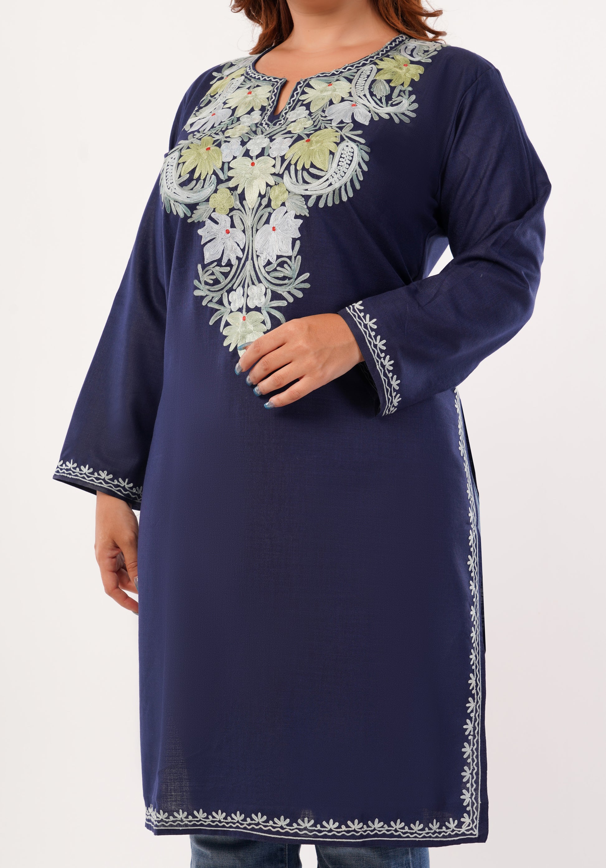 Kashmiri Aari embroidery Cotton Long Kurti Size-46(Navy Blue)